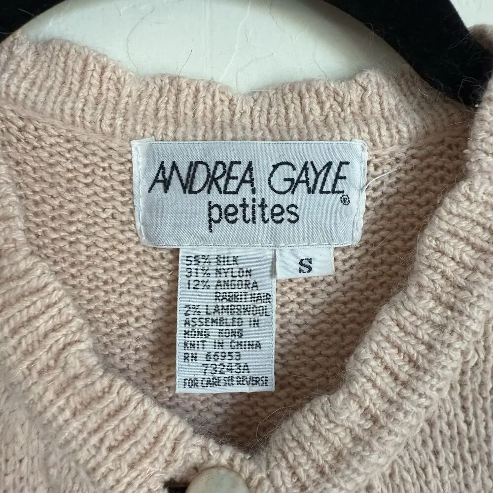 Andrea Gayle Vintage Sm Silk Wool Blend Pink Coquette Pearl Button Up Cardigan